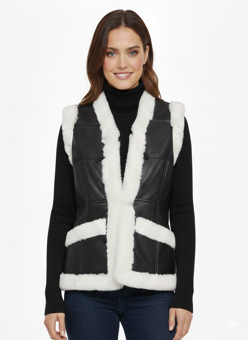 Hakiki Deri Kürklü Siyah Kadın Yelek Düğmeli