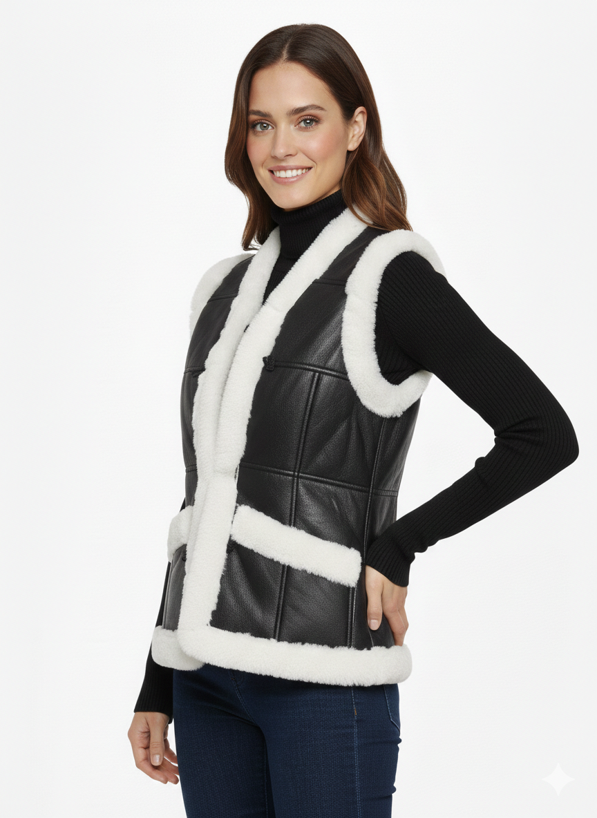 Hakiki Deri Kürklü Siyah Kadın Yelek Düğmeli