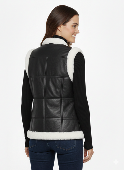 Hakiki Deri Kürklü Siyah Kadın Yelek Düğmeli